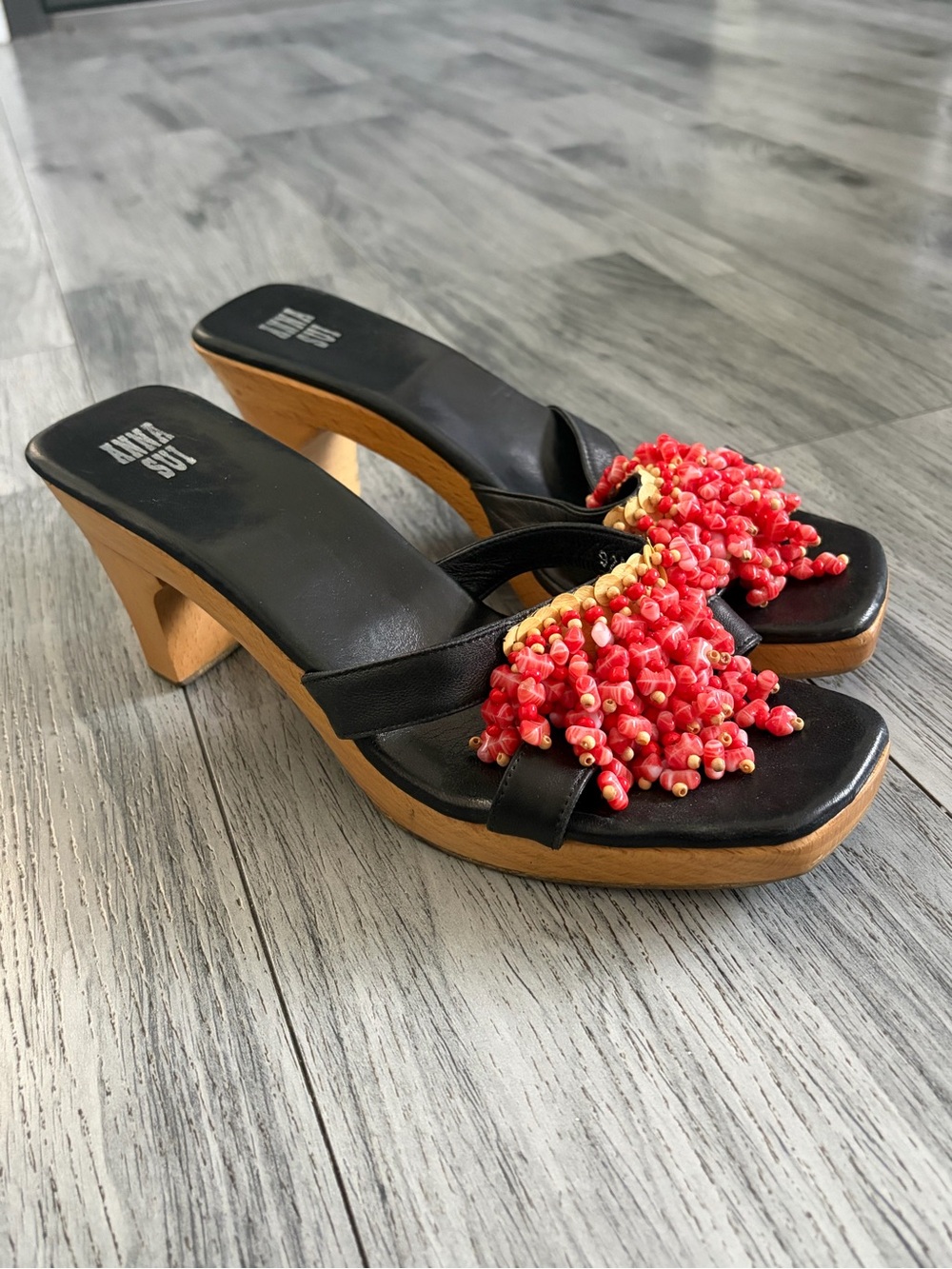 Anna Sui Black Leather Mules with Coral Bead Cluster Embellishment